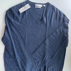 Calvin Klein Extra Fine Merino Blue Sweater Pullover V-Neck Size L Large Men's